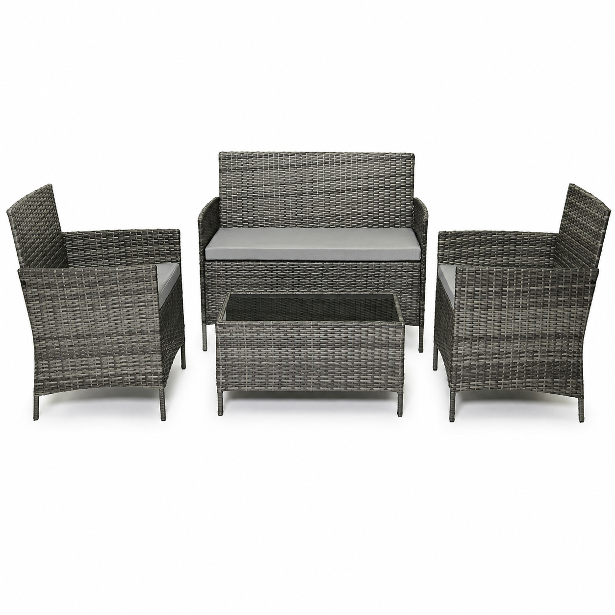 Grey Rattan 4-Seater Garden Sofa Set with Cushions & Glass Coffee Table