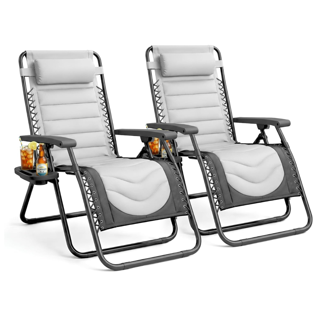 KEPLIN Set of 2 XXL Padded Zero Gravity Garden Recliner Chairs – Grey
